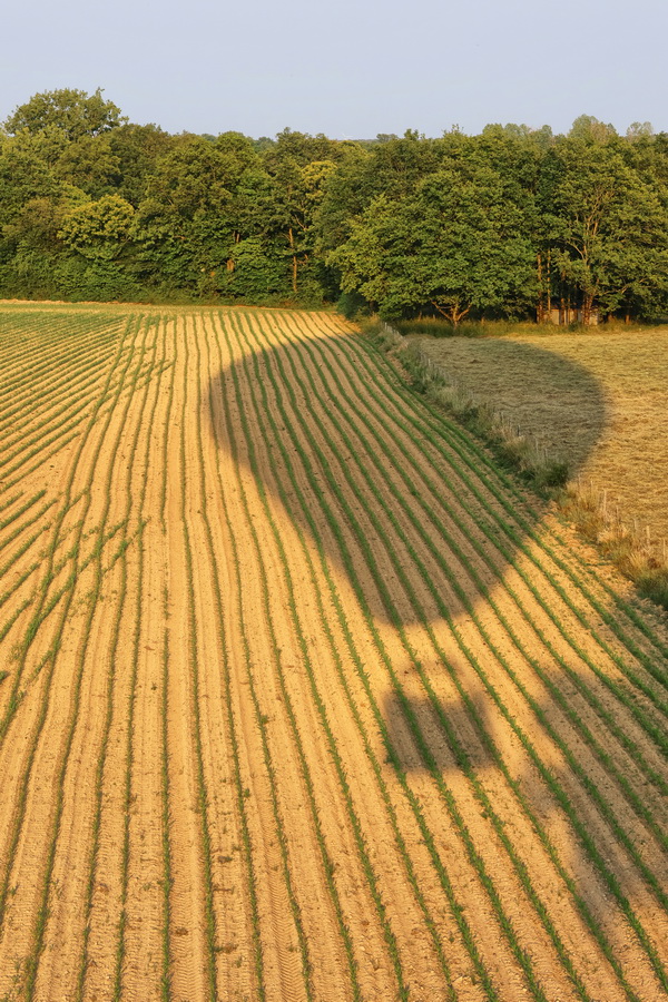 L'ombre de la montgolfière en descente pour trouver un site d'atterrissage, entre Erbray et Soudan.