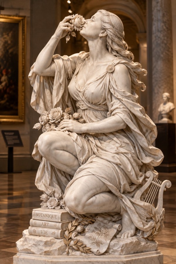 Statue néoclassique aux roses et aux livres