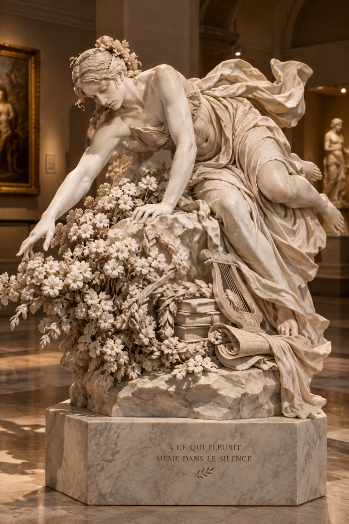 Statue néoclassique au cœur fleuri